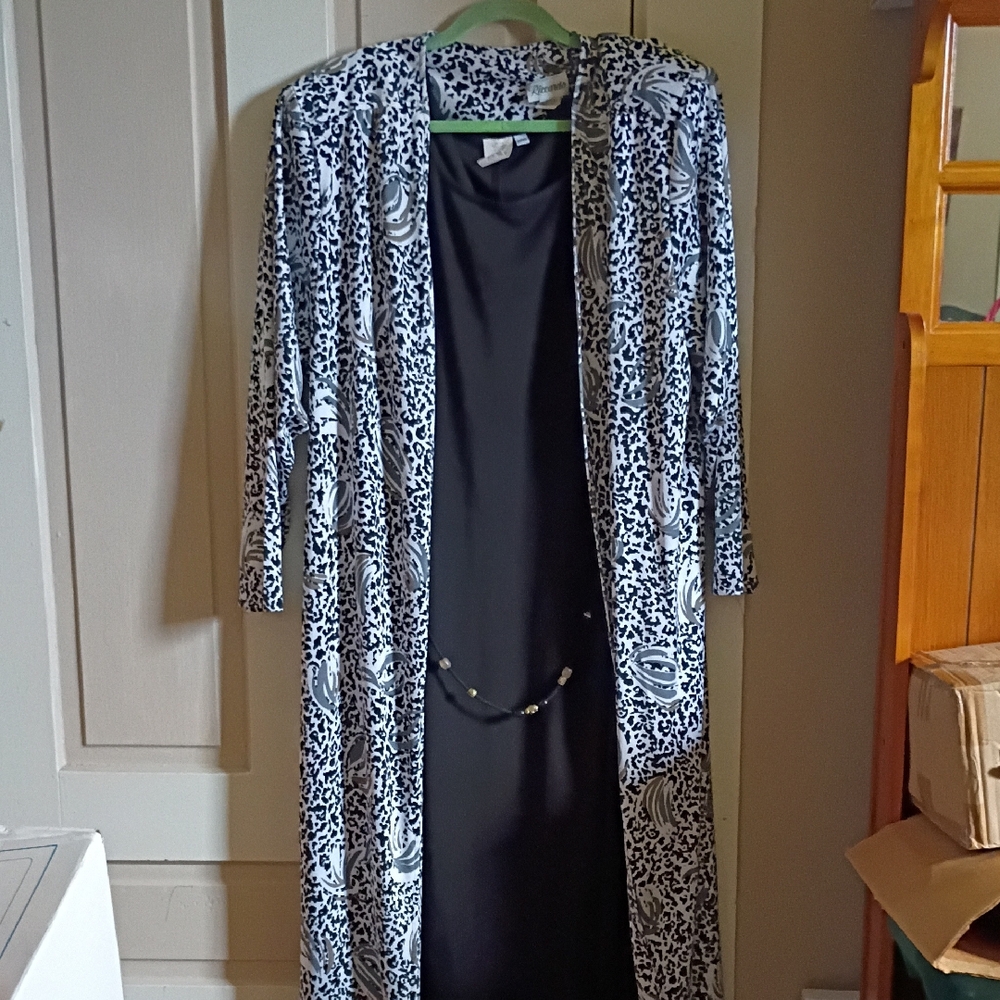Black Patterned Long 2 Piece Dress With Built In Beaded Belt